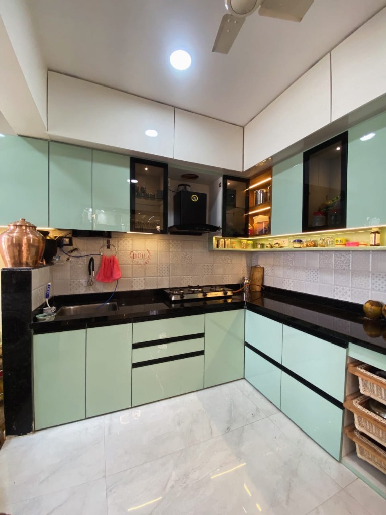 Sage mint modular kitchen by Sharma Furniture