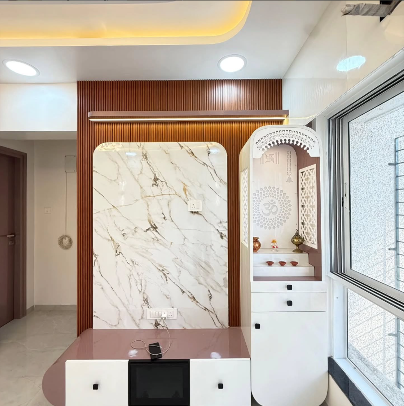 Bespoke mandir pooja unit with fluted panelling by Sharma Furniture